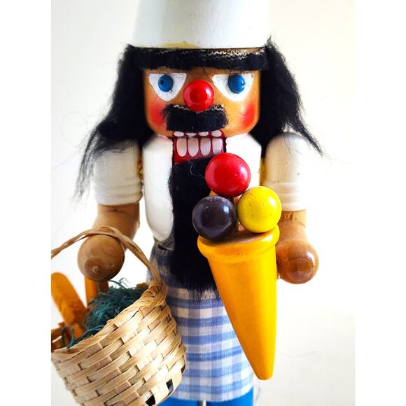 NUTCRACKER-Wood-Moving Lever Mouth-Baker Basket w/Bread-Ice Cream Cone-10" Tall - Picture 11 of 13